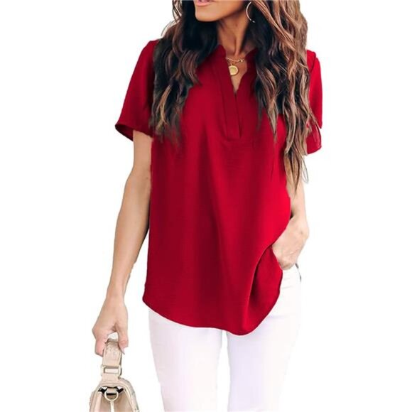 Women Summer Casual Split V Neckline Chiffon Blouses Loose Tunic ShortSleeve Top - Picture 3 of 5